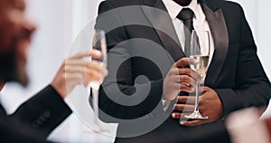 People, glasses and Champagne for toast at event, celebration or social gathering with alcoholic beverage. Hands