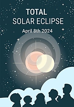 People in glasses watching solar eclipse on starry sky. Hand drawn vector banner or flyer design.