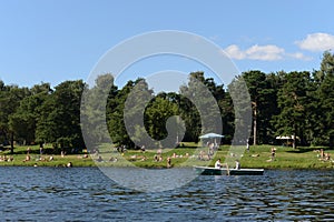 People go boating in the natural-historical park `Kuzminki-Lublino`.