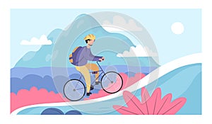 People go cycling. Bike tourism baners. Cycle sport and Mountain bike races. Bicycle riding adventure vector cartoon