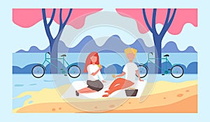 People go cycling. Bike tourism baners. Cycle sport and Mountain bike races. Bicycle riding adventure vector cartoon