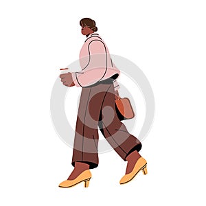 People go to work side view. Busy woman walking, carrying briefcase. Business worker holds coffee paper cup. Employee in