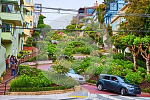 People going down Lombard Street staircase while cars exit at bottom of iconic hill