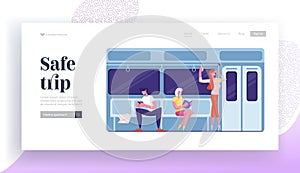 People Going by Subway Train at Work Website Landing Page. Passengers in Underground Using Public Transport Metro