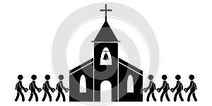 People Going to Entering Church. Black and white pictogram depicting people attending church service mass holding Holy Bible. photo