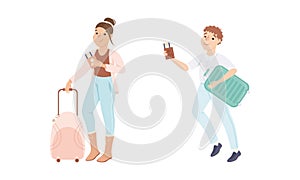 People going on vacation set. Man and woman tourists with suitcases and tickets cartoon vector illustration