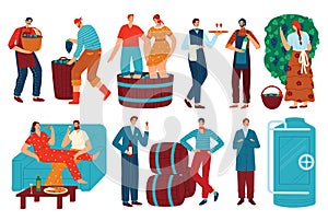 People and grapes wine vector illustration set, cartoon flat man woman character drinking wine, winemaker harvesting