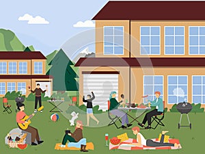 People grilling, eating meat, sausages, drinking beer, vector illustration. Barbecue party, outdoor picnic in backyard.