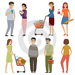 People with grocery baskets and trolleys on a white background