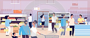 People in grocery store. Customers buying food in supermarket. Shopping customers choosing products. Consumerism vector photo