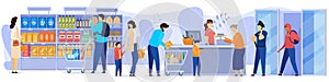 People in grocery store, line at cash desk, supermarket customers, vector illustration