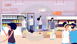 People in grocery store. Persons buy food, vegetables in supermarket. Shopping customers choosing products. Cartoon photo