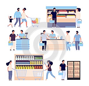 People in grocery store. Persons buying food in supermarket, shop customers woman, man with shopping cart. Isolated