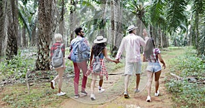 People Group With Backpacks Trekking On Forest Path, Back Rear View Young Men And Woman On Hike In Tropical Palm Tree