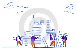 People group construction house skyscraper workers team building process teamwork concept horizontal sketch doodle