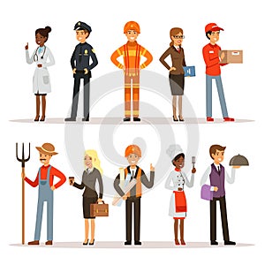 People group in different professions. Fireman, doctor and teacher. Builder, policeman and courier. Vector characters in