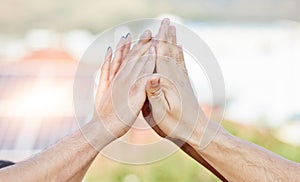 People, group and high five hands for support, solidarity and teamwork of success, agreement and trust. Closeup