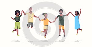 People group holding hands african american men women jumping together friends having fun male female cartoon characters
