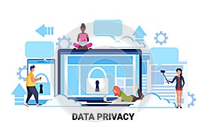 People group padlock computer screen data protection privacy concept team working process cyber security network safety
