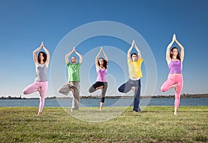 People in group practice Yoga asana on lakeside.