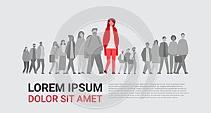 people group with red woman silhouette creative person standing out from grey crowd think different infected person