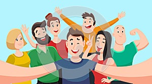 People group selfie. Friendly guy makes group photo with smiling friends on smartphone camera in hands vector cartoon
