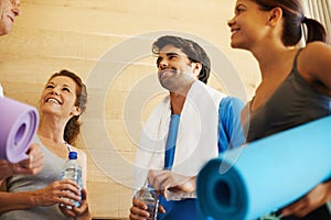 People, group and smile for yoga, fitness and wellness for health club. Friends, workout and water for training, cardio