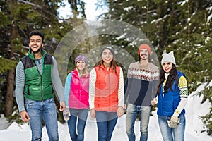 People Group Snow Forest Happy Smiling Young Friends Walking Outdoor Winter