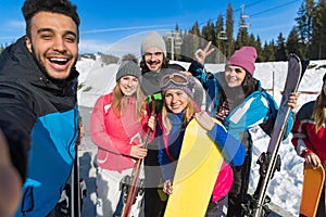 People Group With Snowboard And Ski Resort Snow Winter Mountain Cheerful Friends Taking Selfie Photo