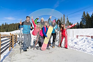 People Group With Snowboard And Ski Resort Snow Winter Mountain Cheerful Waving Hands