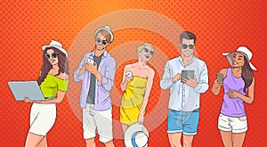 People Group Use Cell Smart Phone Tablet Laptop Computer Chatting Online Over Pop Art Colorful Retro Background