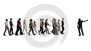 People - a group of women and men following the direction of a man on white background