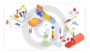 People growing hearts in pots, Be kind quote, blood structure test, flat vector isometric illustration. Charity, help.