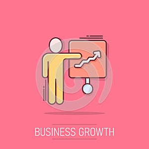 People with growth arrow icon in comic style. Work strategy cartoon vector illustration on isolated background. Office training