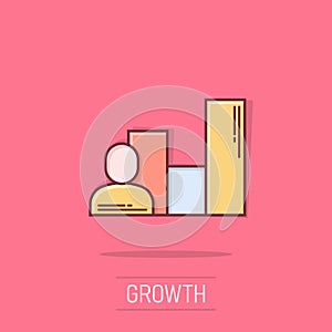 People with growth icon in comic style. Work strategy cartoon vector illustration on isolated background. Office training splash