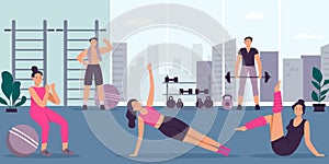People in gym. Man and woman exercising indoor, doing sport. Female character having fitness activities