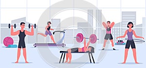People in gym. Man and woman having sport training with different equipment. Female and male characters having fitness