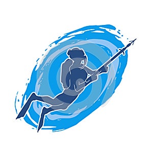 Silhouette of a female swimming while doing harpoon fishing underwater