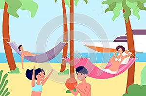 People in hammocks. Outdoor rest, beach relaxation in hammock. Happy family summer vacation, travel or ocean holiday