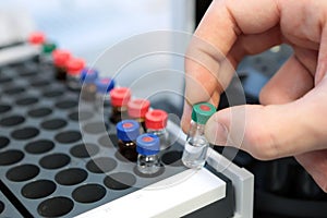 People hand holding a test tube vial sets for analysis in the gas liquid chromatograph. Laboratory assistant inserting laboratory