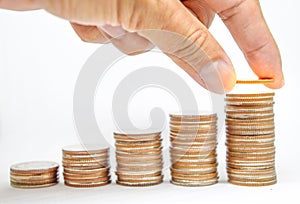 People Hand Put Coins To Stack Of Coins, Investment of financial planners, The leap of investment, Saving for a bright future