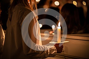 People handling candles in the hands. Christmas and lucia holidays in Sweden