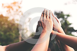 People hands assemble as a connection meeting teamwork concept. Group of people assembly hands as a business or work achievement,