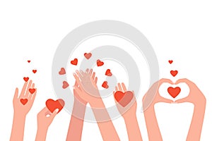 People hands clapping, love, congratulate, good feedback, thanks. Women hands send hearts, like. Concept of charity, donation,