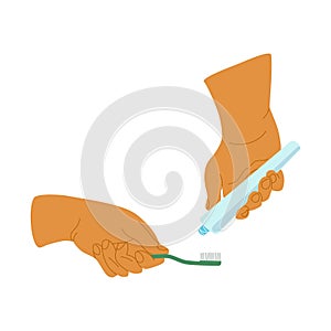 People hands doing morning routine close up vector illustration. Palms with toothpaste and toothbrush flat style