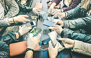 People hands having addicted fun together using smartphone - Millenial sharing content on social media network with mobile smart photo