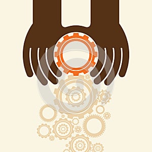 People hands hold gears. Business start up concept.