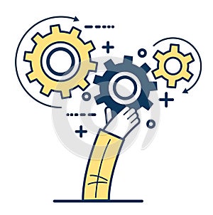 People hands hold gears. Business start up concept. Symbol of association and connection