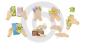 People hands holding cash money golden coin dollar and euro set