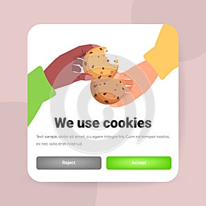 people hands holding cookie protection of personal information internet web pop up we use cookies policy notification